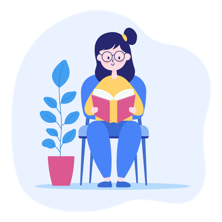 Girl Wearing Glasses Sitting Reading a Book in the Library  Illustration