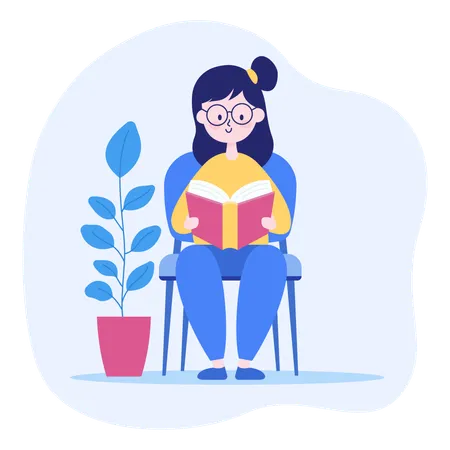 Girl Wearing Glasses Sitting Reading a Book in the Library  Illustration