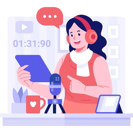 Girl wearing headphone and recording podcast  Illustration