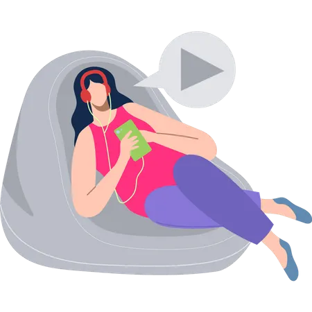 Girl wearing headphones is listening to a podcast  Illustration