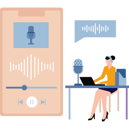 Girl wearing headphones is listening to an online podcast  Illustration