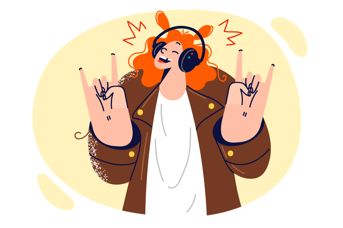Girl wearing headphones listens to music  イラスト