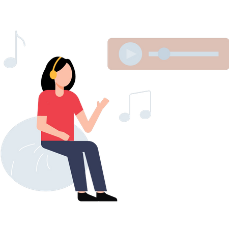 Girl wearing headphones sitting on sofa listening to music  Illustration