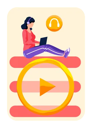 Girl wearing headphones while watching video Illustration