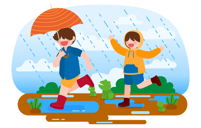 Girl wearing raincoat and boy holding umbrella enjoying rain Illustration