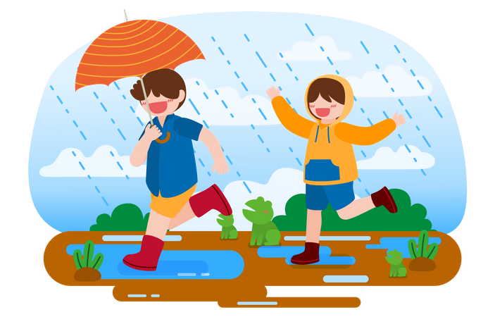 Girl wearing raincoat and boy holding umbrella enjoying rain  Illustration