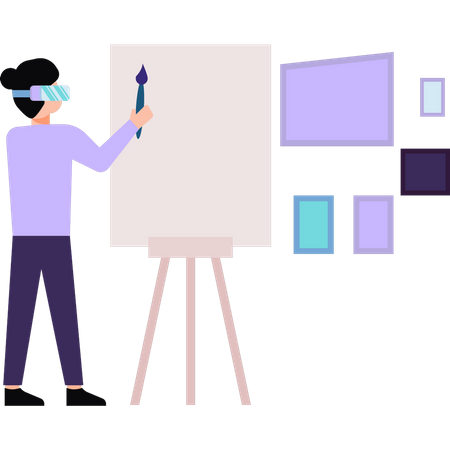 Girl wearing VR glasses is painting on a board Illustration