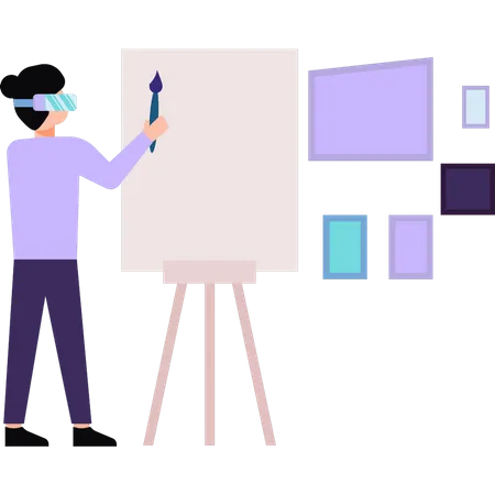 Girl wearing VR glasses is painting on a board Illustration