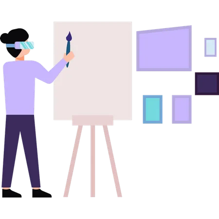 Girl wearing VR glasses is painting on a board  Illustration