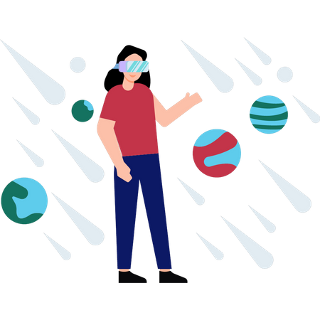 Girl wearing VR goggles looks at the planets Illustration