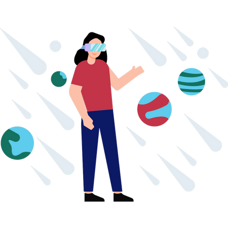 Girl wearing VR goggles looks at the planets  Illustration