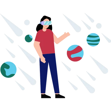 Girl wearing VR goggles looks at the planets  Illustration