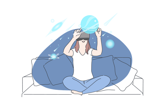 Girl wearing VR headset and enjoying space  Illustration