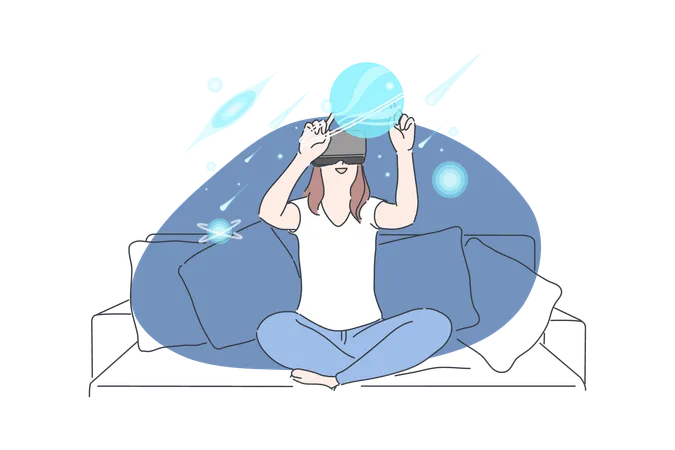 Virtual Reality AR Technology Immersive Experience Concept Amazed Girl Wearing VR Headset Young Woman Exploring Sealife And Cosmos In Cyberspace Modern Digital Entertainment Simple Flat Vector Illustration