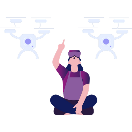 Girl Wearing Vr Watching Drone  Illustration