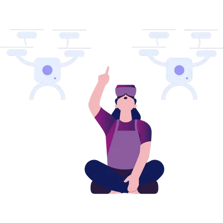 Girl Wearing VR Watching Drone Illustration