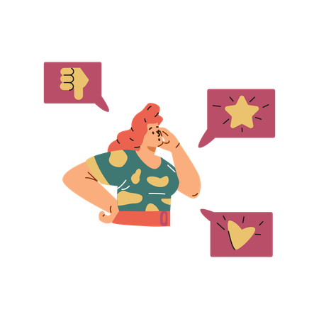 Girl who chooses between  high and low rating in an service review  Illustration