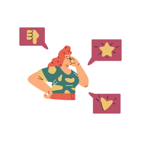 Girl who chooses between  high and low rating in an service review  Illustration