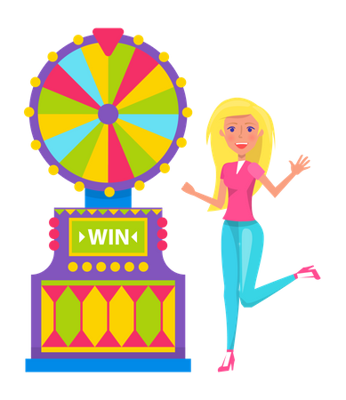 Girl winning at wheel of fortune  Illustration