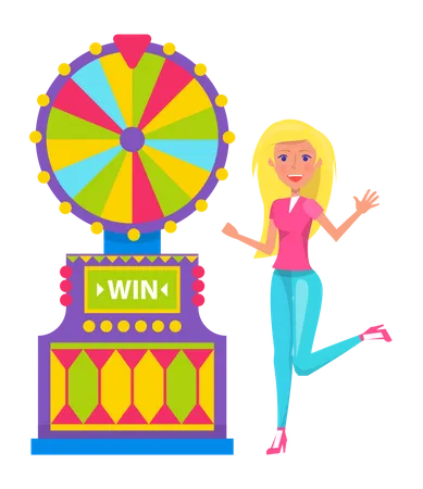 Girl winning at wheel of fortune  Illustration
