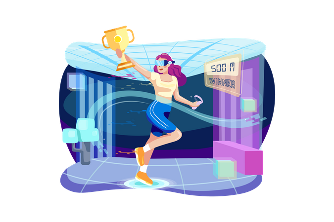 Girl winning running race by wearing  VR headset Illustration