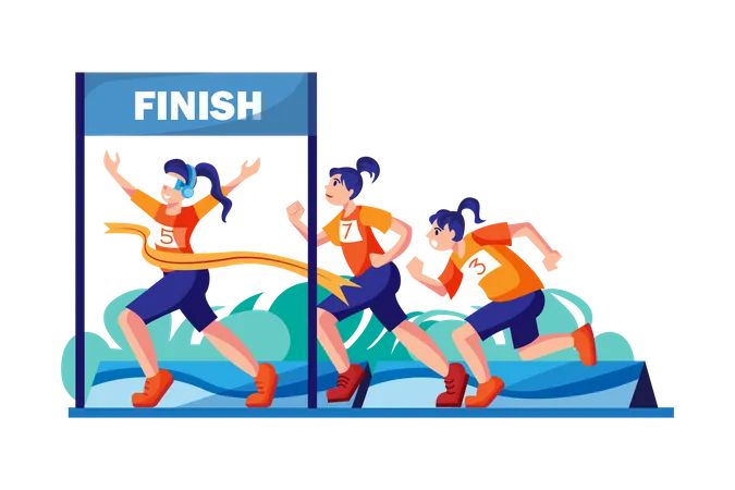 Girl winning running race by wearing VR headset Illustration