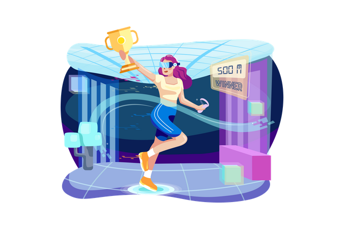 Girl winning running race by wearing  VR headset  Illustration