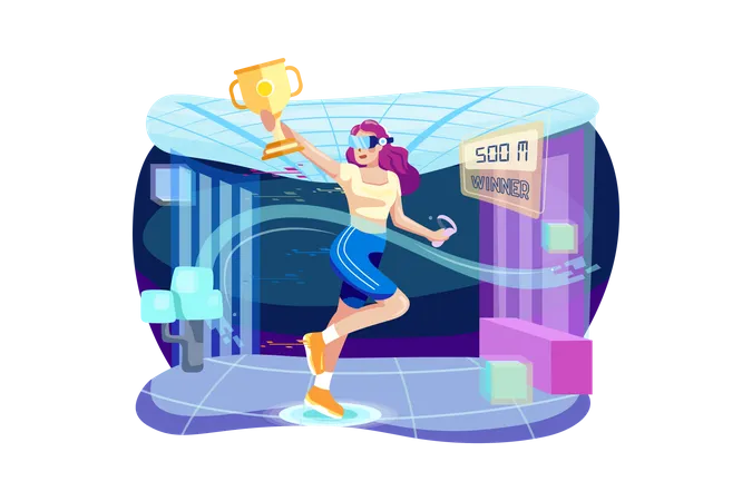 Girl winning running race by wearing  VR headset  Illustration