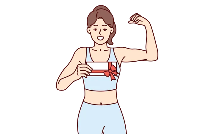 Woman Holds Gift Certificate For Fitness Club And Shows Biceps Urging You To Do Sport Smiling Girl Demonstrates Fitness Voucher With Red Ribbon Presented For Birthday And Motivating To Visit Gym Illustration