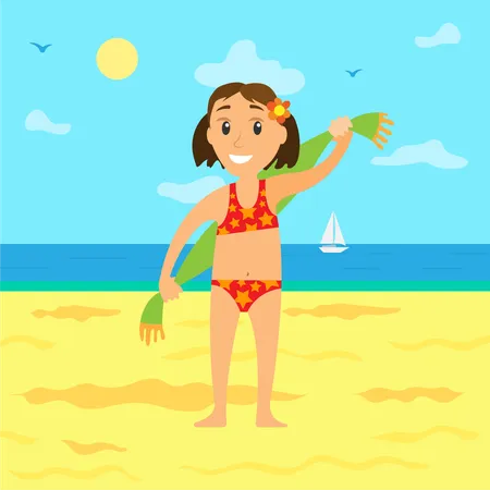 Girl wiping herself on beach  Illustration