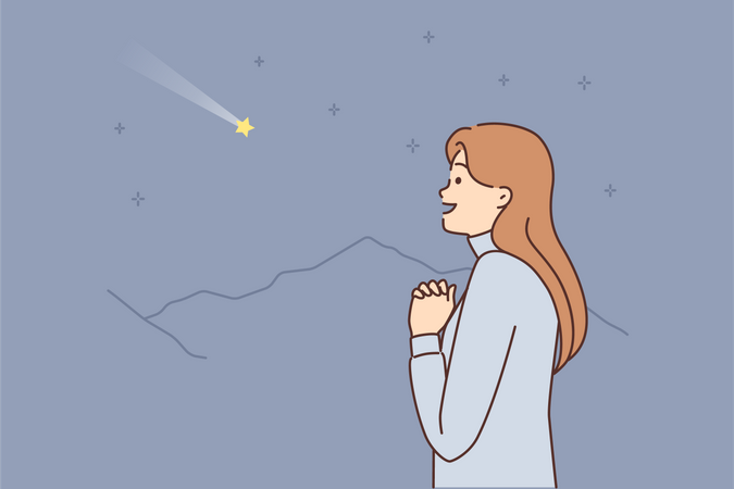 Girl wishing from falling star  Illustration