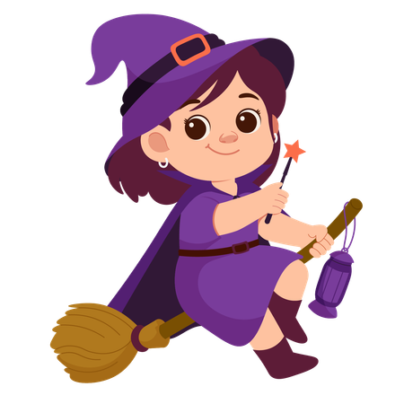 Girl Witch With Broom And Witch Wand  Illustration