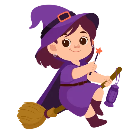 Girl Witch With Broom And Witch Wand  Illustration