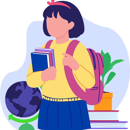 Girl with a backpack and books stands beside a globe looking ready for an adventure in learning about the world  Illustration