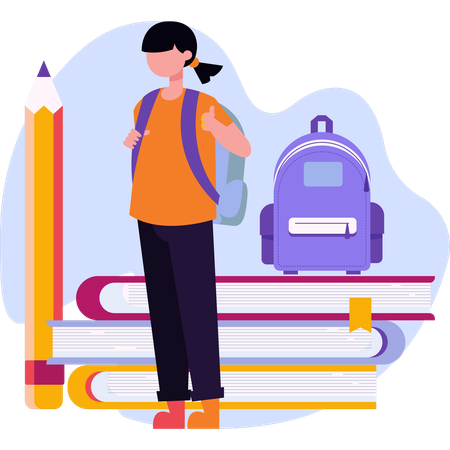 Girl with a backpack and pencils stands atop a stack of colorful books smiling confidently  Illustration