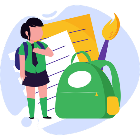 Girl with a backpack and pencils stands beside a school bag ready for class  Illustration