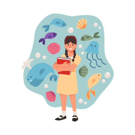 Girl with a book with different sea animals  Illustration