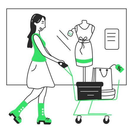 Girl with a cart rides through a store  Illustration