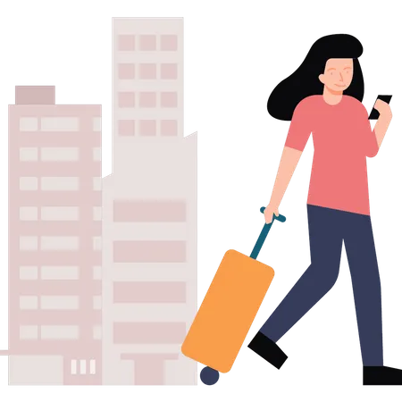 Girl with a suitcase is walking and using her phone  Illustration