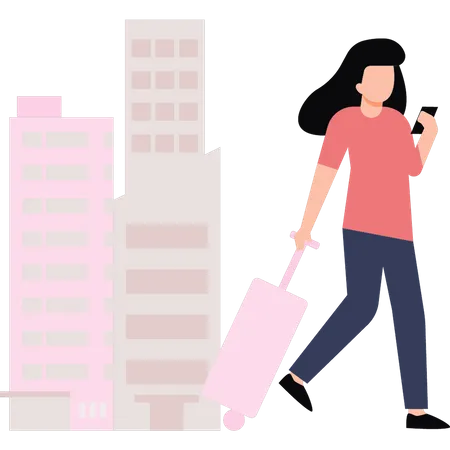 Girl with a suitcase is walking and using her phone  Illustration