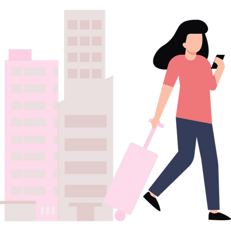 Girl with a suitcase is walking and using her phone  Illustration