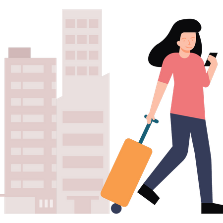 Girl with a suitcase is walking and using her phone  Illustration