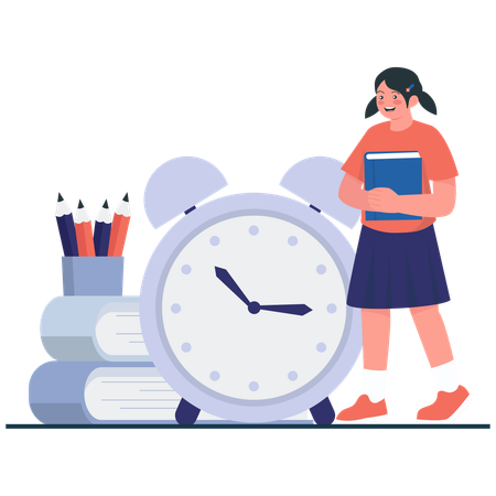 Girl with Alarm Clock and Books  Illustration