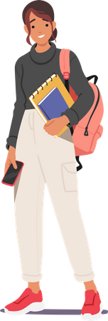 Girl With Backpack And Books Portrays An Enthusiastic Learner On Her Way To School  Illustration