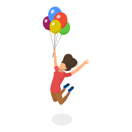 Girl with balloons Soaring in Sky  Illustration