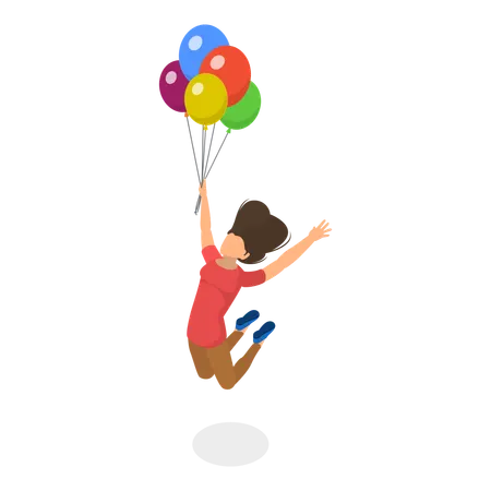 Girl with balloons Soaring in Sky  Illustration
