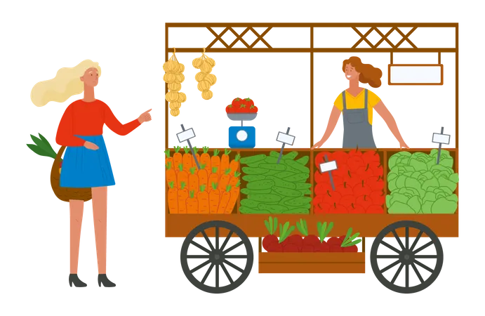 Girl with basket buying fruits from fruits vendor  Illustration