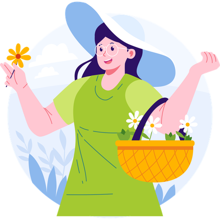 Girl with basket plucking flower from the park  Illustration