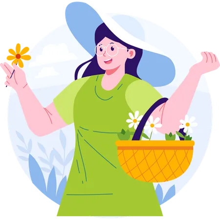 Girl with basket plucking flower from the park  Illustration