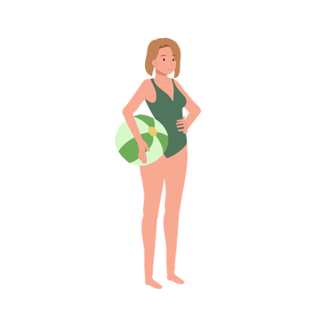 Girl with beachball on the beach.  Illustration